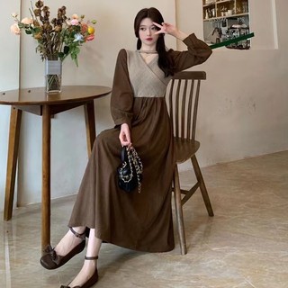 Hàng Mới Về Mới Đầm Cổ Chữ v Phối Màu Tương Phản Phong Cách retro Pháp Thời Trang Thu Đông 2023
