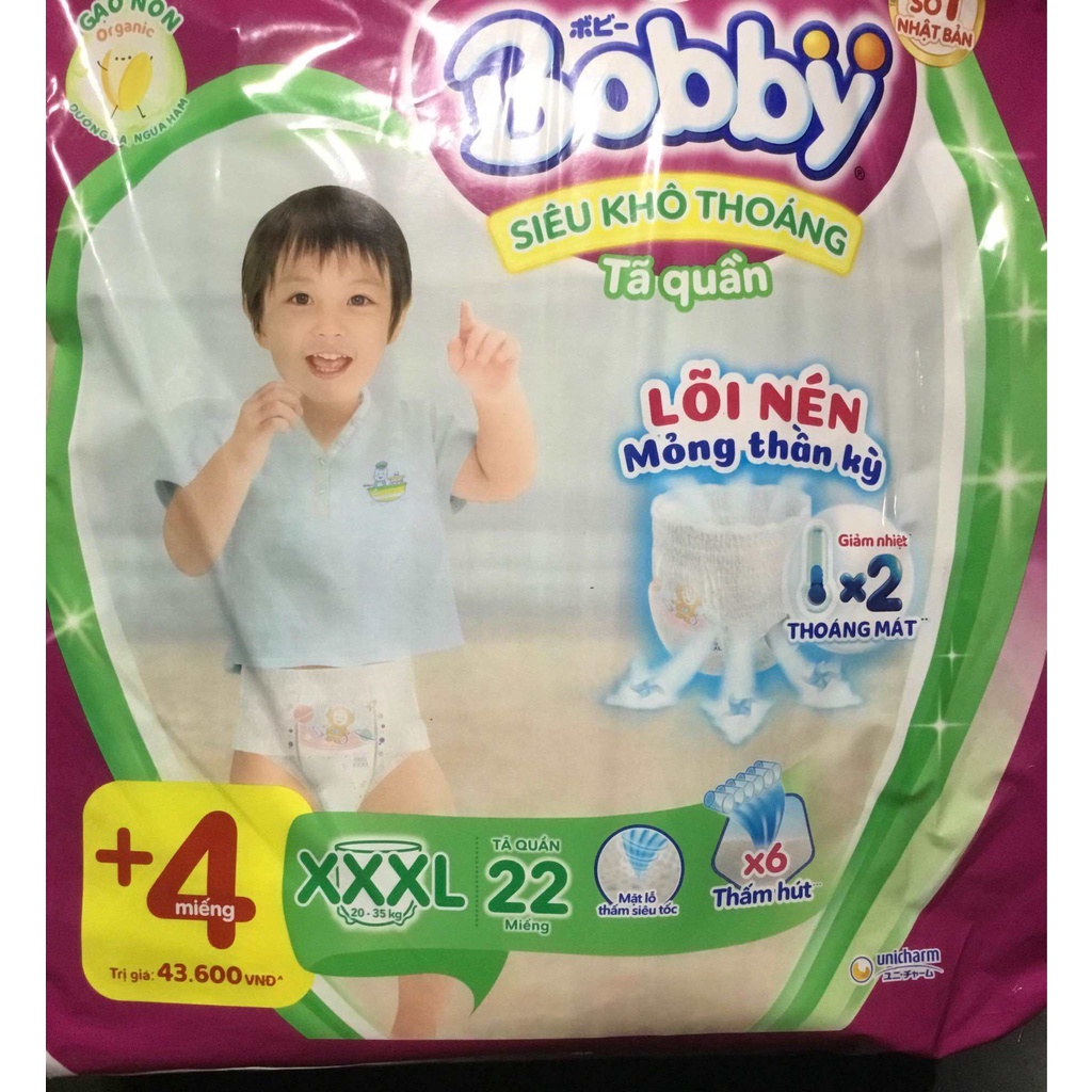Tặng Thêm 4 Miếng - Tã Quần Trẻ Em Bobby Size XXXL 22 Miếng 20 Đến 35 Kg - Bỉm Quần Bobby Size Cực Đại XXXL22 / XXXL