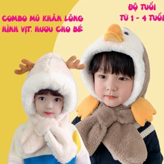 Mũ len cho bé gái bé trai chùm đầu kèm khăn dễ thương mùa đông cực ấm có hai sừng hươu [ Hàng Đẹp ]