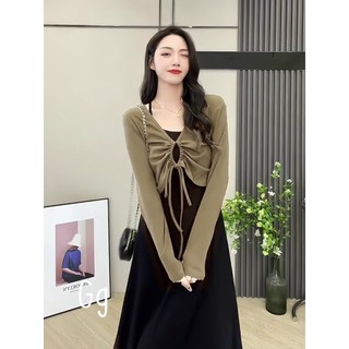 {SALE 12.12} set đầm 2 dây nữ dài kèm áo khoác tay dài rút dây chất thun gân xinh xắn