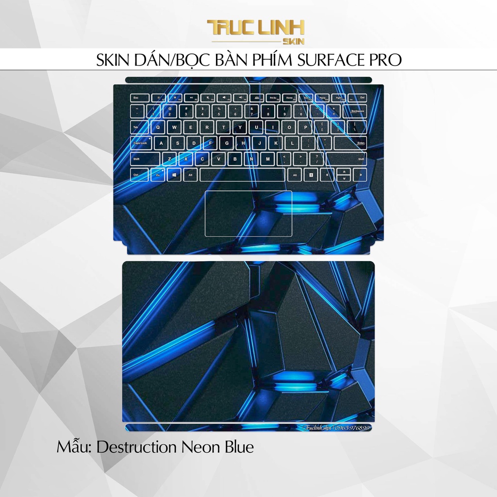 Bộ skin dán phím Surface Pro 3, 4, 5, 6, 7, 8, 9, X, Go... mẫu Destruction Neon Blue