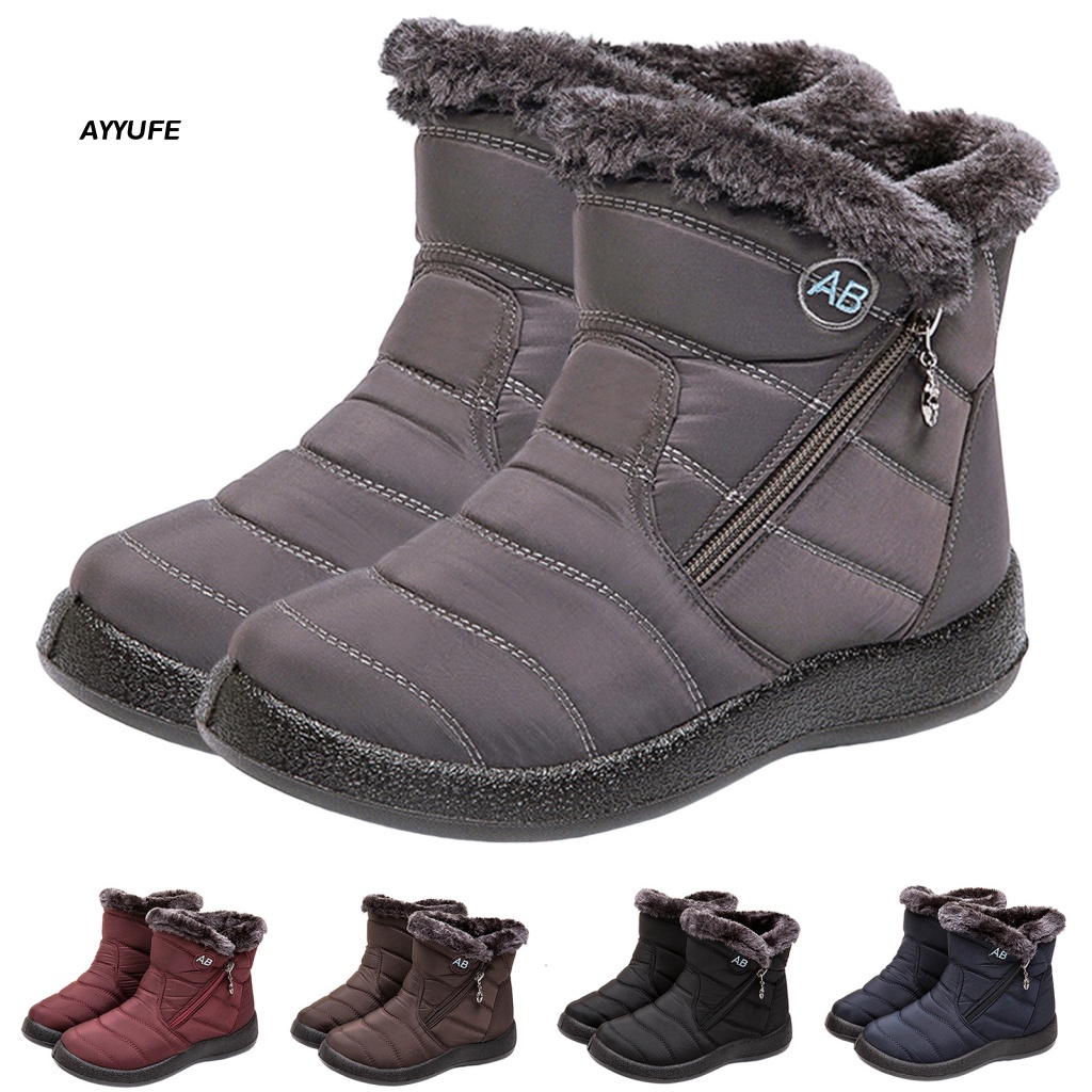 1 Đôi Giày Bốt Đi Tuyết Đế Phẳng Lót Lông Chống Trượt Không Thấm Nước Thêu Chữ Có Khóa Kéo