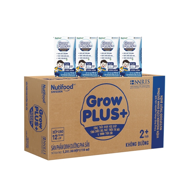 Thùng Sữa Bột Pha Sẵn Nutifood GrowPLUS+ Không Đường Kiểm Soát Cân Nặng 110ml - Trên 2 Tuổi (48 Hộp x 110ml)