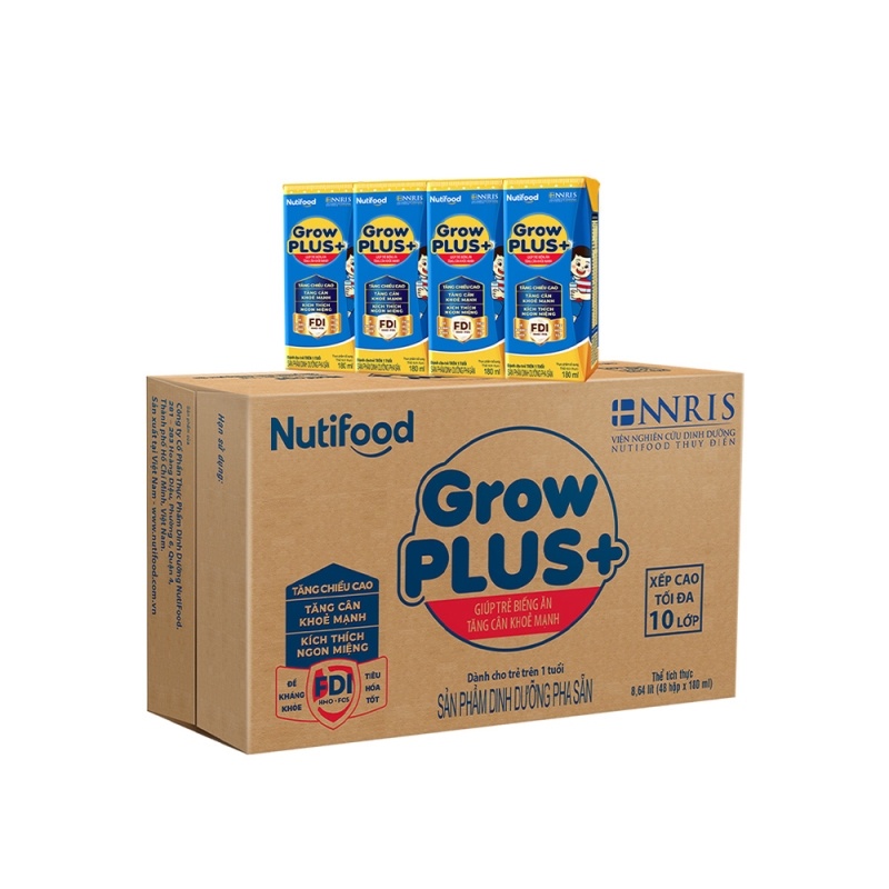 Thùng Sữa Bột Pha Sẵn Nutifood GrowPLUS+ Biếng Ăn 180ml  -Trên 1 tuổi - Tăng Cân Khỏe Mạnh (48 Hộp x 180ml)