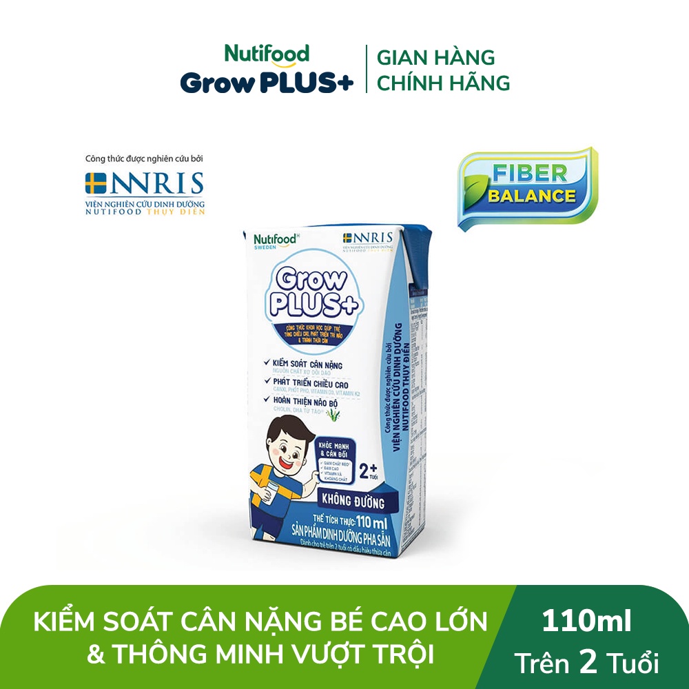 Thùng Sữa Bột Pha Sẵn Nutifood GrowPLUS+ Không Đường Kiểm Soát Cân Nặng 110ml - Trên 2 Tuổi (48 Hộp x 110ml)