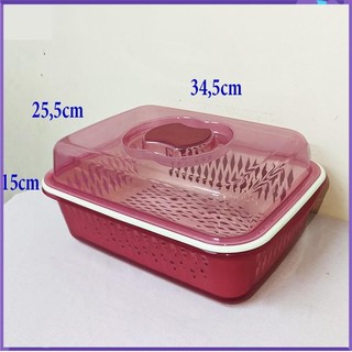 bộ thau rổ có nắp chữ nhật, hộp nhựa có nắp và rổ, dùng úp chén ly 34,5x25,5cm cao 15cm. MT3124