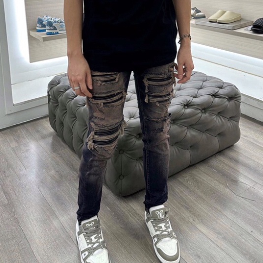 Quần JEAN Nam Boy Phố Slimfit xanh khói rách tua lót da. Quần bò vá nhiều da đen bản đẳng cấp nhất 2