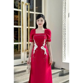 Áo dài cách tân 💝FREESHIP💝 Áo dài đỏ cổ vuông kết hoa