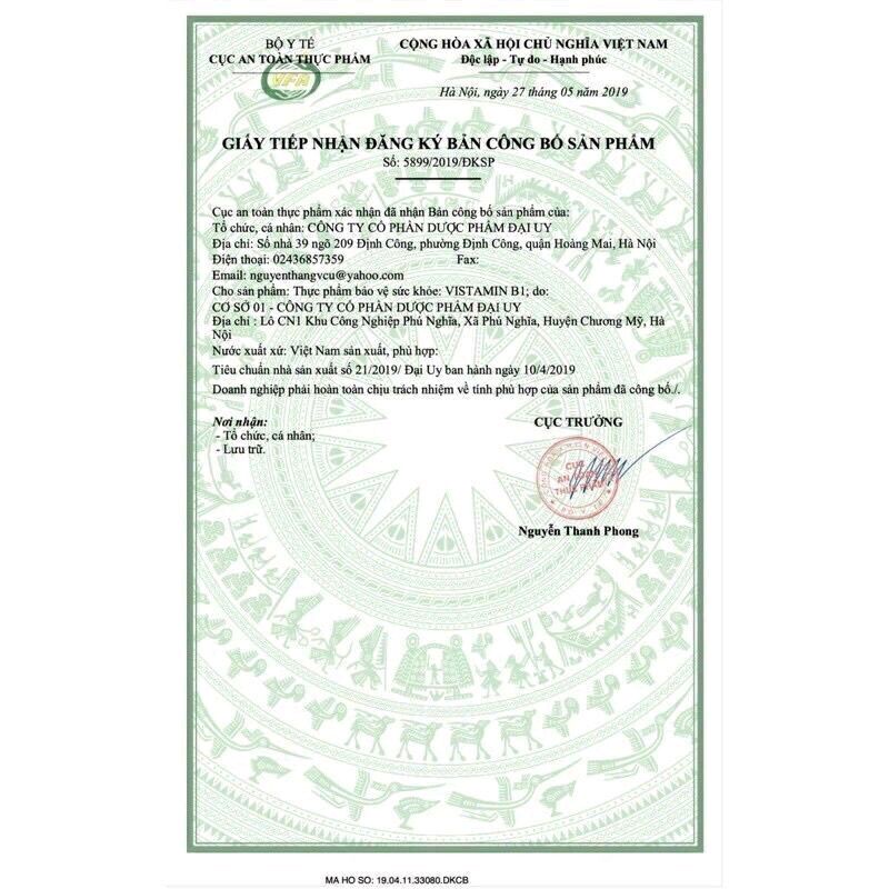 COMBO 10 Chai VISTAMIN B1 ĐẠI UY viên màu trắng 100 viên⚡Giảm rụng tóc trắng da