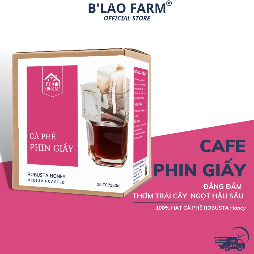 Cà phê phin giấy ROBUSTA HONEY B'Lao Farm cafe túi lọc nguyên chất phù hợp mang đi du lịch pha tại văn phòng tiện lợi