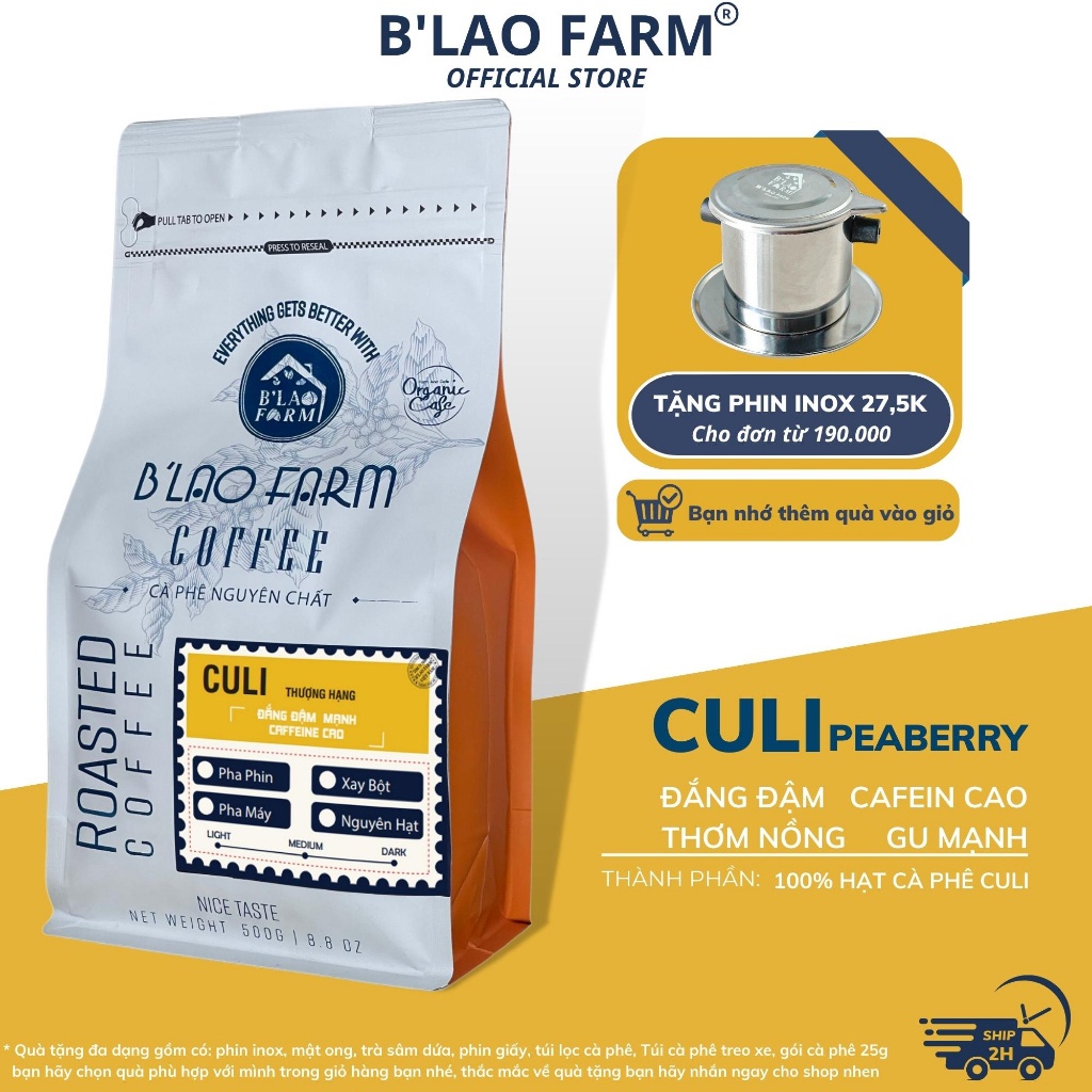 Cà phê CULI đặc biệt rang mộc nguyên chất B'Lao Farm gu mạnh vị đắng đậm dành cho pha máy và pha phin Túi 250g/500g