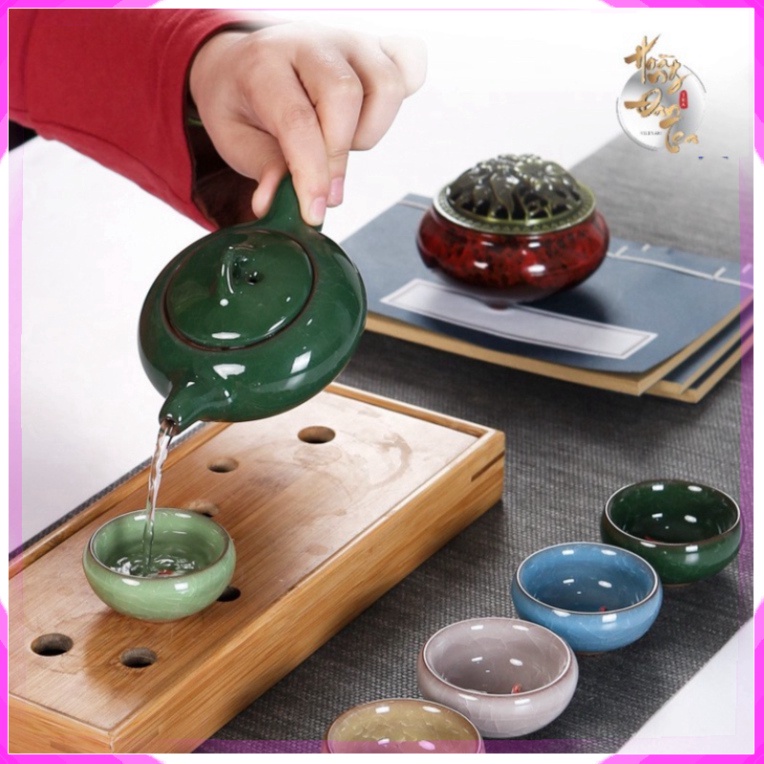 Bộ Uống Trà Đạo Gốm Vân Rạn Ấm Chén  7 Món Đồ Dụng Cụ Bình Uống Pha Chè Bằng Gốm Sứ Hộp Đựng Cao Cấp