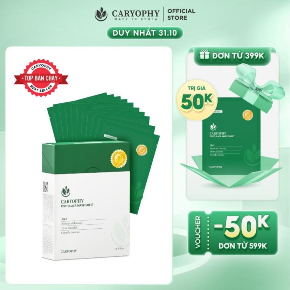 Hộp 10 miếng mặt nạ giảm mụn mờ thâm Caryophy Portulaca Mask Sheet Hàn Quốc 22g x 10pcs (Hộp 10 Miếng)
