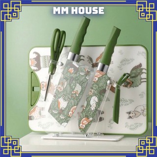 [Chính hãng-Sẵn] Bộ dao kéo thớt kháng khuẩn chống gỉ cú mèo xanh lá fullsize - Mimomiu