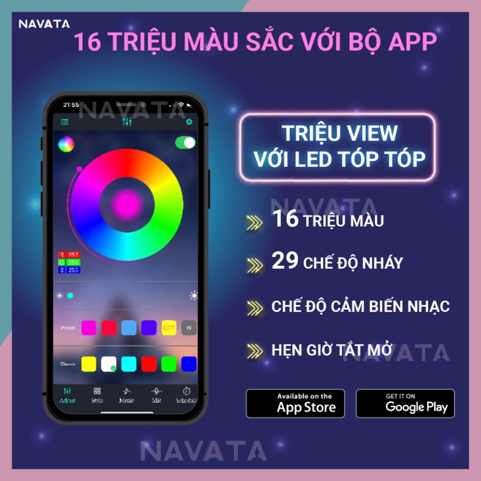 Đèn Led Tóp Tóp 5m 10m Điều Khiển APP 16 Triệu Màu, Pha Màu DIY đèn trang trí phòng ngủ Led 5050 RGB Loại Tốt Hot
