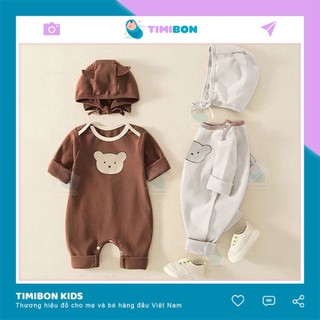 [ Tặng Kèm Mũ ] Quần Áo Trẻ Em Sơ Sinh Bộ Đồ Liền Thân Dài Tay Chất Cotton Bodysuit Hình Gấu Nâu Cho Bé [BDD45]