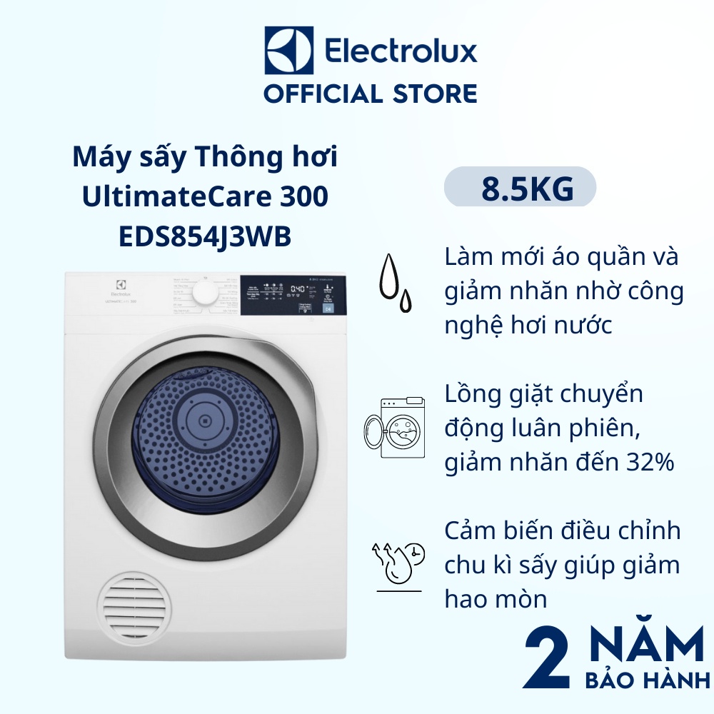 Miễn phí giao lắp toàn quốc - Máy sấy thông hơi Electrolux 8.5kg UltimateCare 300 - EDS854J3WB - Làm mới áo quần