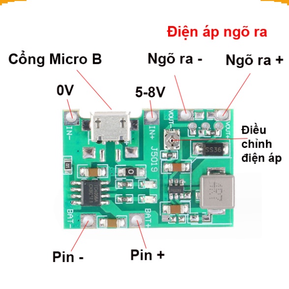 Mạch sạc pin 1S 18650 J5019 dùng ic TC4056 tích hợp mạch tăng áp 2A từ 3.5V lên 25V