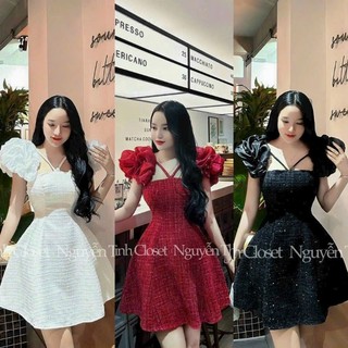 Đầm dự tiệc thời trang nữ mặc đi chơi chất bố dạ cổ vuông dây chéo tân ngắn phồng siêu xinh váy xòe midi