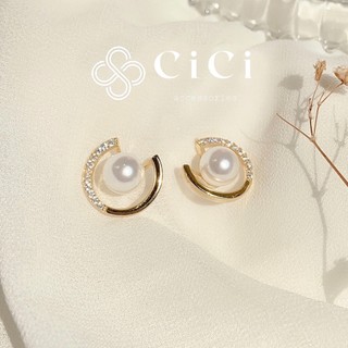 Bông tai nữ kiểu dáng chữ C đính đá zircon phối ngọc trai nhân tạo CiCi Accessories phụ kiện trang sức - BT108