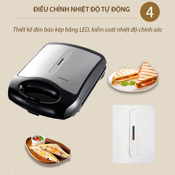 Máy làm bánh waffle hotdog, sandwich khuôn lớn 8 bánh SOKANY công suất 1200W