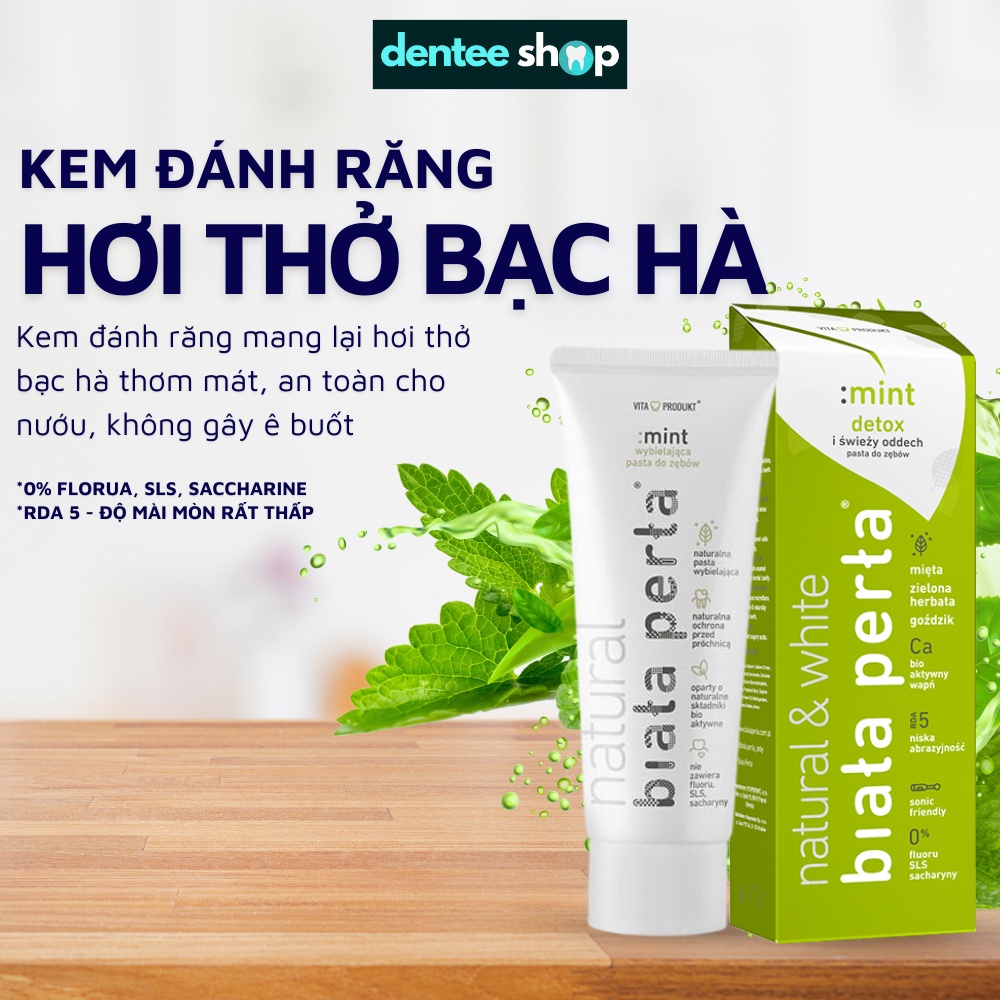 Kem đánh răng không chứa fluor Biala Perla Mint Detox, xuất xứ Ba Lan