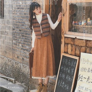 Jiashucheng Chân Váy Nhung Dài Dáng Chữ a Lưng Cao Phong Cách retro Mùa Thu Đông Mới Cho Nữ