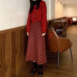 Jiashucheng Chân Váy Len Dáng Chữ a Lưng Cao Họa Tiết Kẻ Sọc Màu Đỏ Phong Cách retro Thời Trang Thu Đông Cho Nữ