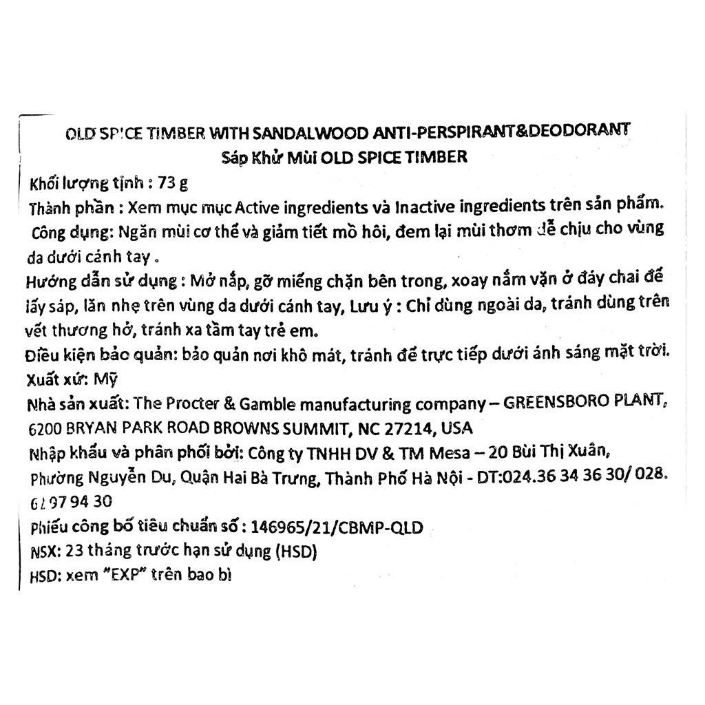 Sáp Khử Mùi Timber OLD SPICE 73Gr
