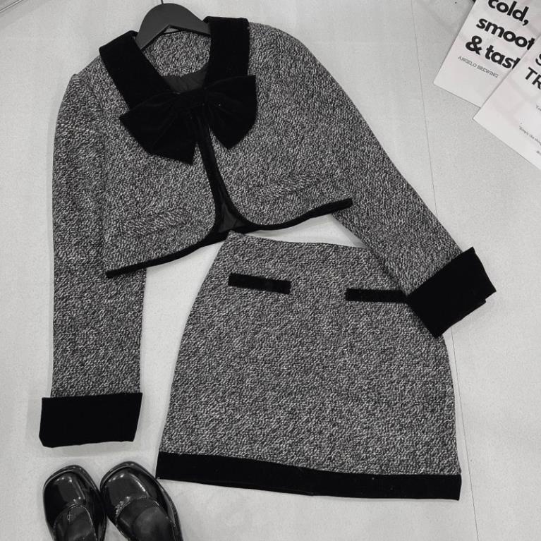 Set Dạ Ghi Viền Nhung Áo Khoác Dạ Mix Chân Váy Chữ A Hàng 2 Lớp Dày Dặn Kèm Tang Nơ Rời  V57