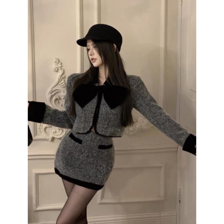 Set Dạ Ghi Viền Nhung Áo Khoác Dạ Mix Chân Váy Chữ A Hàng 2 Lớp Dày Dặn Kèm Tang Nơ Rời  V57