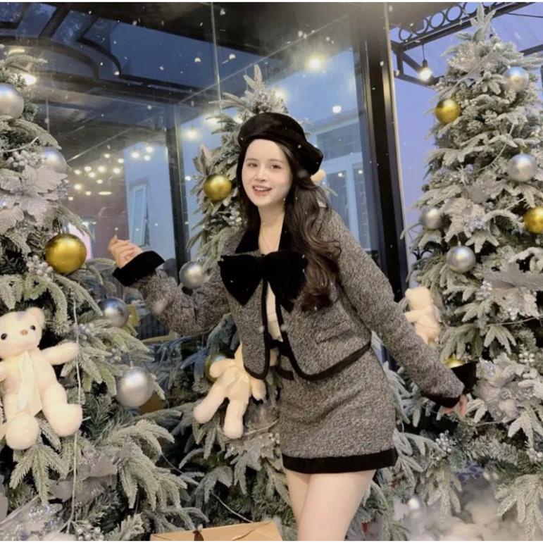 Set Dạ Ghi Viền Nhung Áo Khoác Dạ Mix Chân Váy Chữ A Hàng 2 Lớp Dày Dặn Kèm Tang Nơ Rời  V57