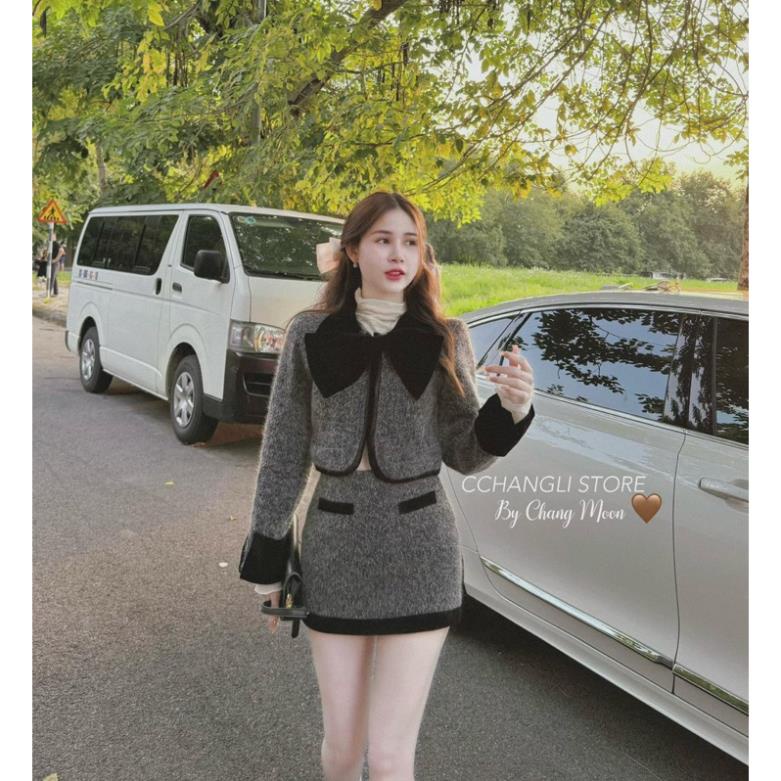 Set Dạ Ghi Viền Nhung Áo Khoác Dạ Mix Chân Váy Chữ A Hàng 2 Lớp Dày Dặn Kèm Tang Nơ Rời  V57