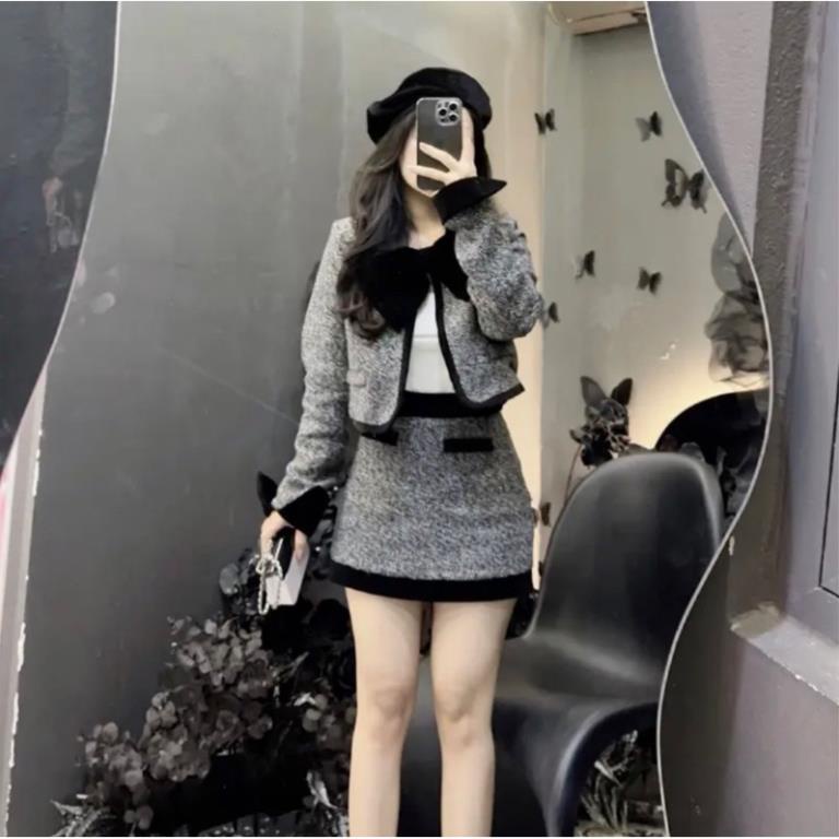 Set Dạ Ghi Viền Nhung Áo Khoác Dạ Mix Chân Váy Chữ A Hàng 2 Lớp Dày Dặn Kèm Tang Nơ Rời  V57