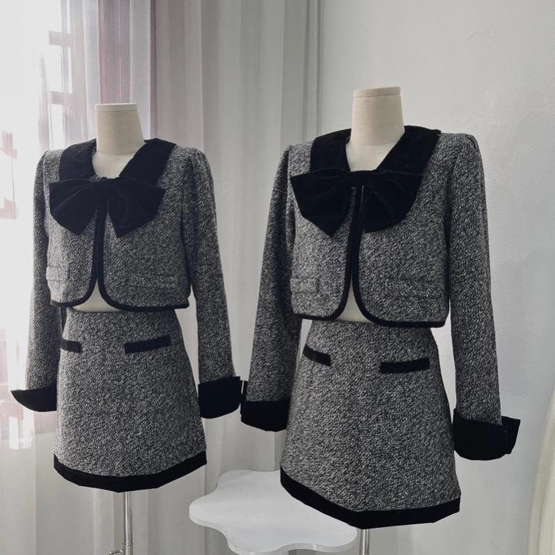 Set Dạ Ghi Viền Nhung Áo Khoác Dạ Mix Chân Váy Chữ A Hàng 2 Lớp Dày Dặn Kèm Tang Nơ Rời  V57