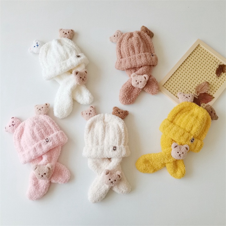 Mũ Len Gấu 3D Kèm Khăn Cổ Siêu Kute🍀FREESHIP🍀SÉT NÓN LEN Lông Cừu Thời Trang Mùa Thu Đông Dành Cho Bé