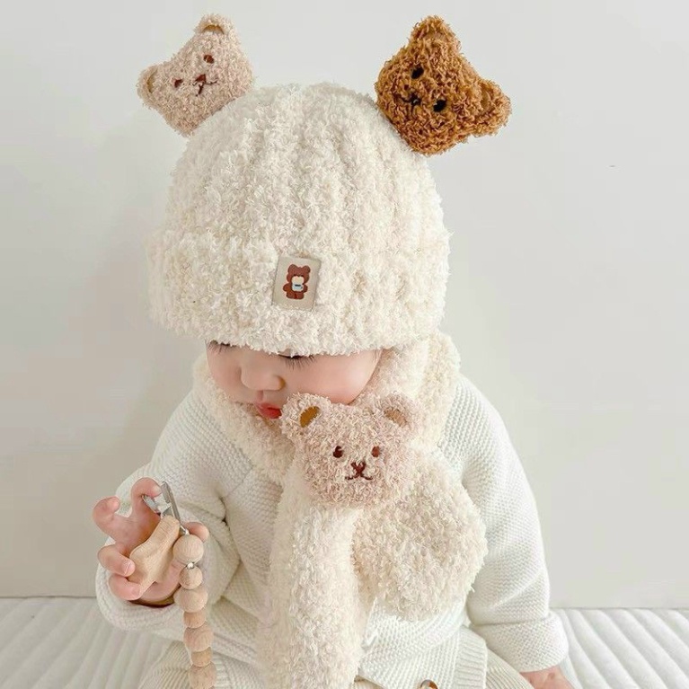 Mũ Len Gấu 3D Kèm Khăn Cổ Siêu Kute🍀FREESHIP🍀SÉT NÓN LEN Lông Cừu Thời Trang Mùa Thu Đông Dành Cho Bé