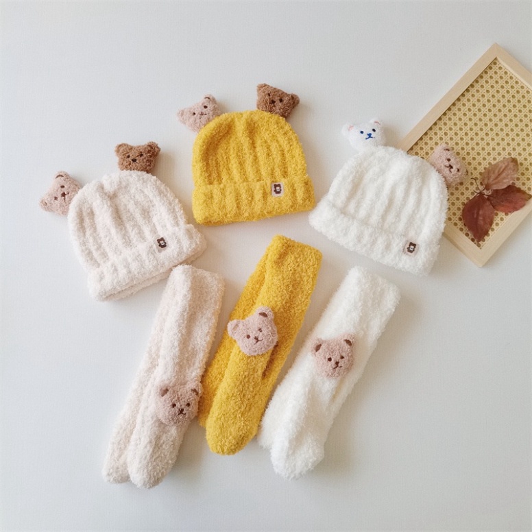 Mũ Len Gấu 3D Kèm Khăn Cổ Siêu Kute🍀FREESHIP🍀SÉT NÓN LEN Lông Cừu Thời Trang Mùa Thu Đông Dành Cho Bé