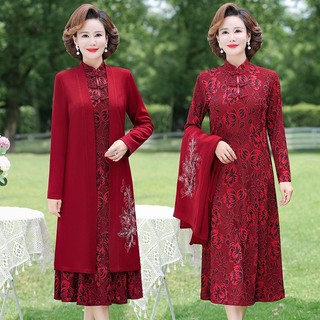  Xuân Thu Mẹ Đầm Phù Hợp Với Tính Khí Cao Cấp Trung Niên Và Người Già Phụ Nữ Thời Trang Mùa Thu Váy Dài Tay 