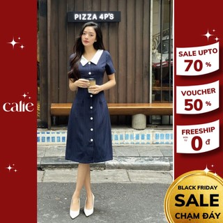 Váy midi cổ phối xếp ly eo dáng dài Calie VM086