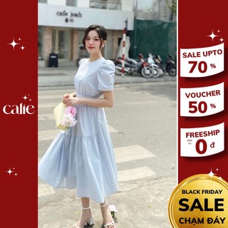 Váy midi cổ tròn đai eo chân váy nhún chéo Calie VM095