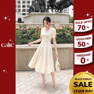 Váy dáng xòe cổ V xếp ly eo thanh lịch Calie VX029