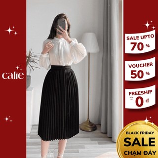 Chân váy xếp ly dài thời trang công sở dáng dài qua gối kiểu váy midi cạp chun Calie CX003
