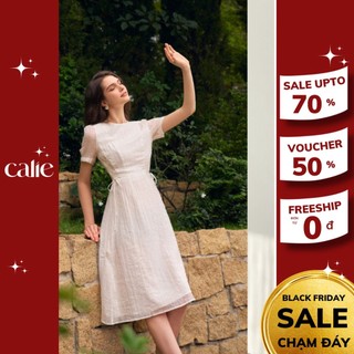 Váy midi cổ tròn tay bồng đan dây rút 2 bên sườn Calie VM110