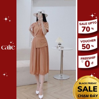 Váy dáng xòe xếp ly cổ vest tà lệch thanh lịch Calie VX078