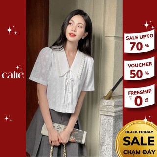 Áo kiểu nữ dáng lửng lá cổ nhọn buộc nơ Calie AC286