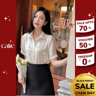 Áo sơ mi dang croptop đính hoa Calie AS229