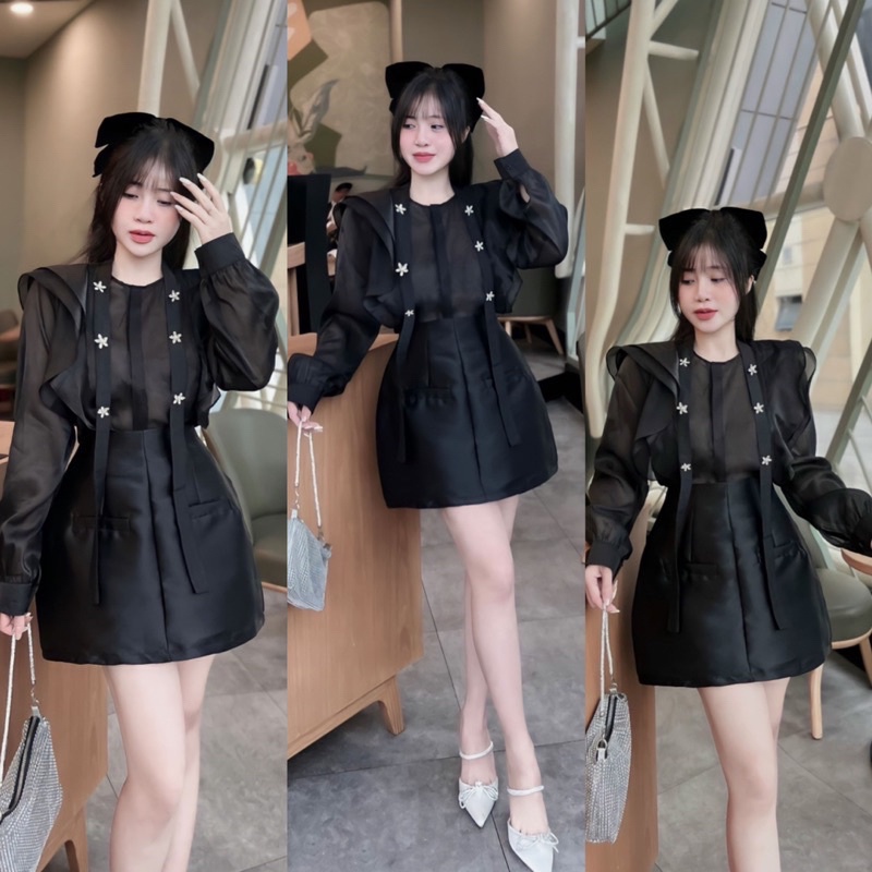 Set áo tiểu thư tay voan đính đá kèm chân váy Tafta bigsize từ 55-100kg