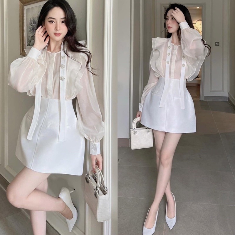 Set áo tiểu thư tay voan đính đá kèm chân váy Tafta bigsize từ 55-100kg