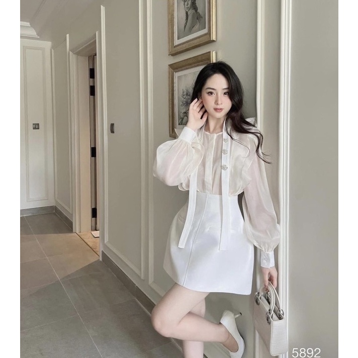 Set áo tiểu thư tay voan đính đá kèm chân váy Tafta bigsize từ 55-100kg